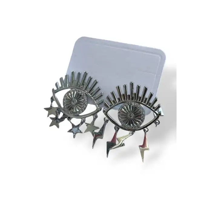 Gümüş Renk Göz Figürlü Taş Detaylı Küpe (Çift)