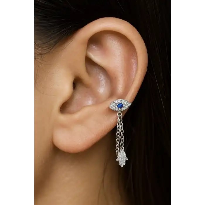 Gümüş Renk Göz Ve El Figürlü Sallantılı Cerrahi Çelik Tragus/Kıkırdak Küpe/Piercing (Tek)
