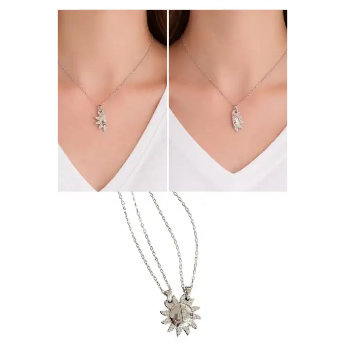 Gümüş Renk Güneş Figürlü İkili Mıknatıslı Çelik Arkadaşlık Kolyesi