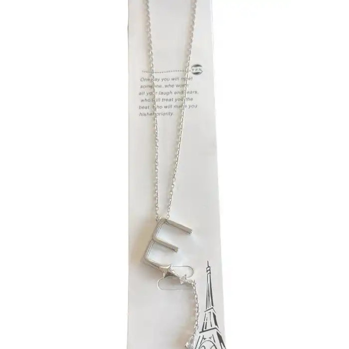 Gümüş Renk Harfli E Taş Detaylı Çelik Kolye