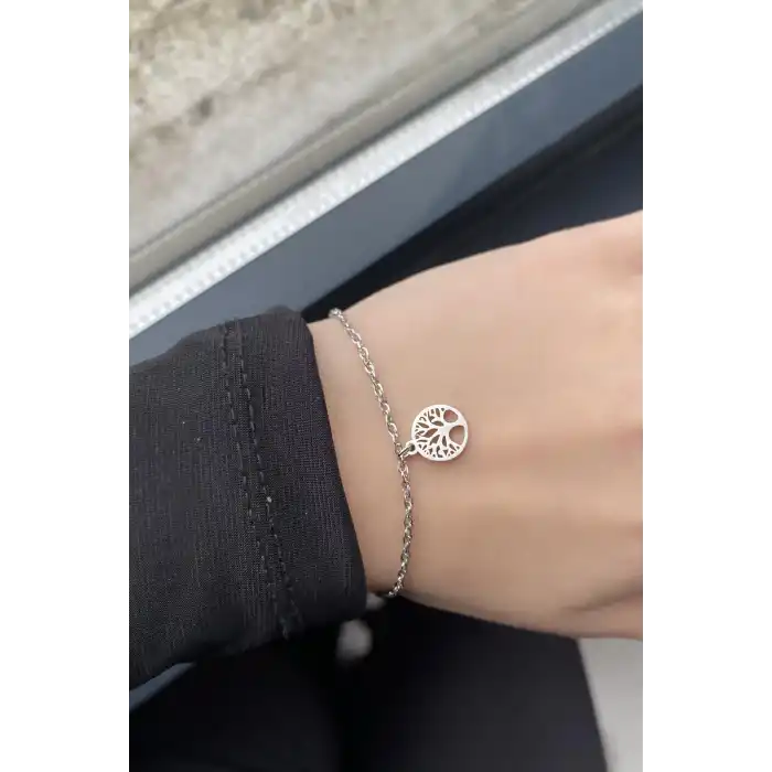 Gümüş Renk Hayat Ağacı Figürlü Çelik Bileklik