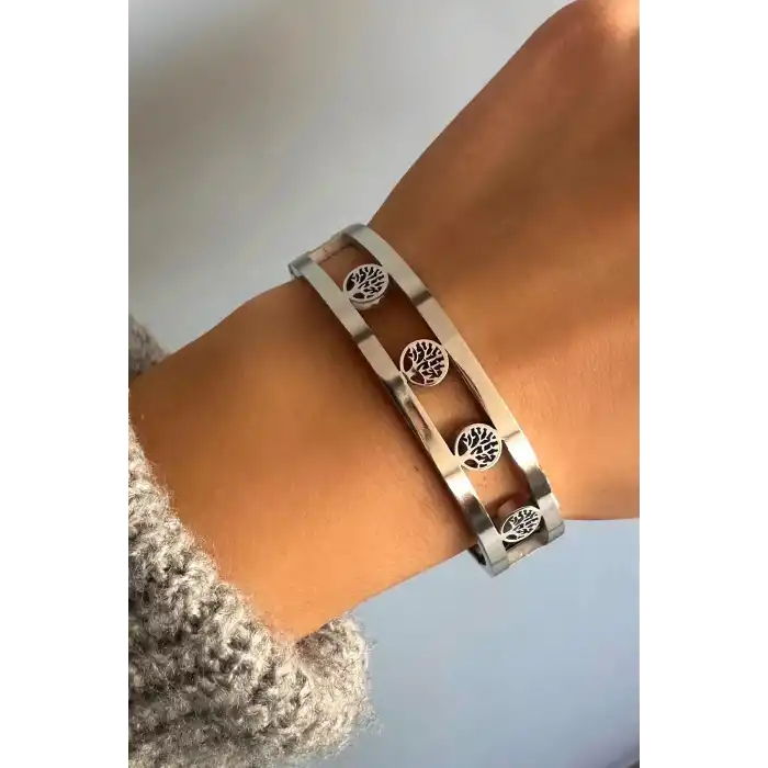 Gümüş Renk Hayat Ağacı Figürlü Çelik Kelepçe Bileklik