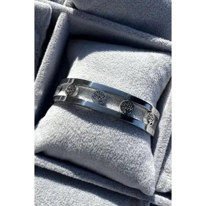 Gümüş Renk Hayat Ağacı Figürlü Çelik Kelepçe Bileklik