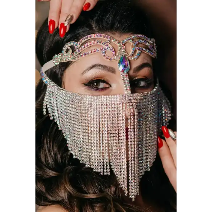 Gümüş Renk Hologram Taş Detaylı Dansöz Maskesi