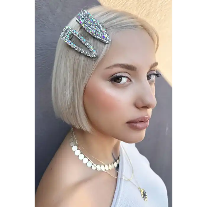 Gümüş Renk Hologram Taş Detaylı İkili Yan Toka