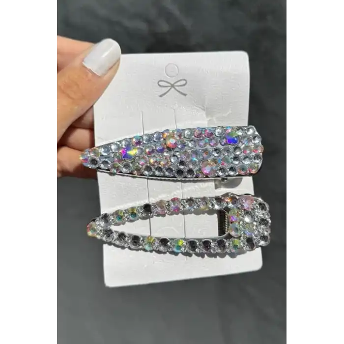 Gümüş Renk Hologram Taş Detaylı İkili Yan Toka