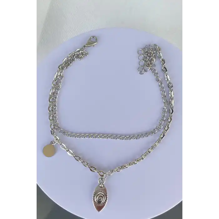 Gümüş Renk İkili Zincir Detaylı Halhal