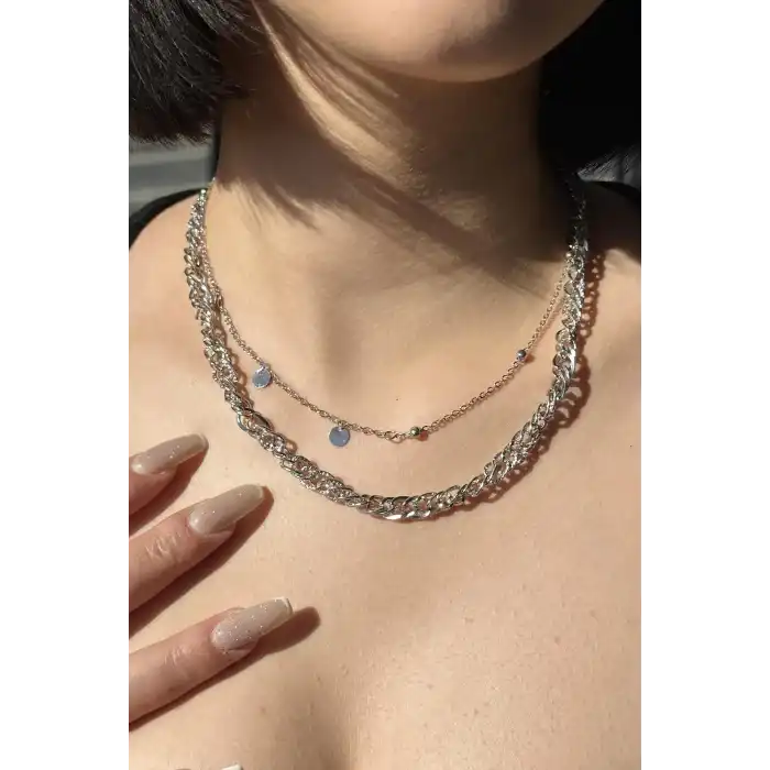 Gümüş Renk İkili Zincir Detaylı Kolye