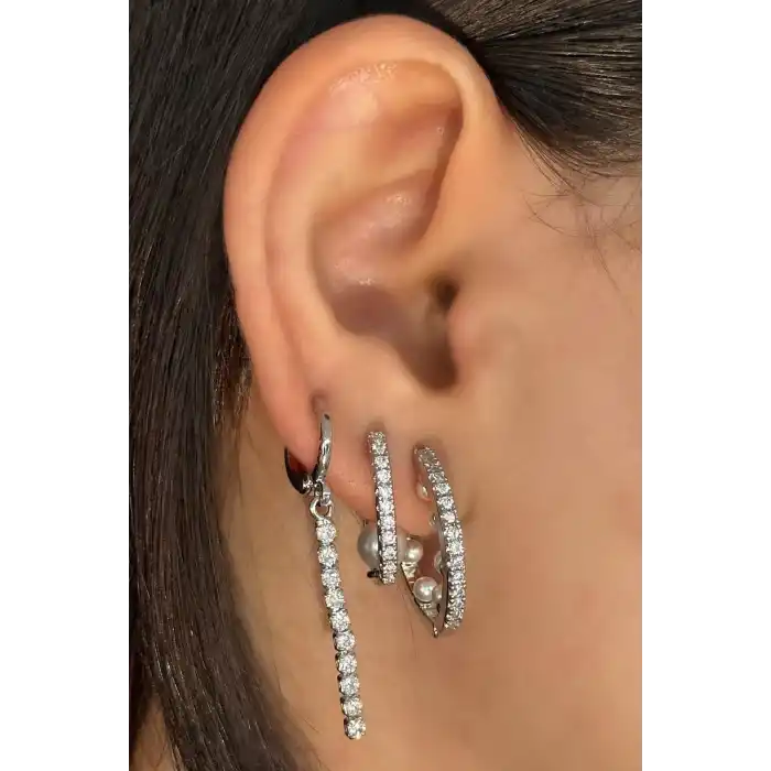 Gümüş Renk İnci Detaylı 3lü YSX Küpe Set