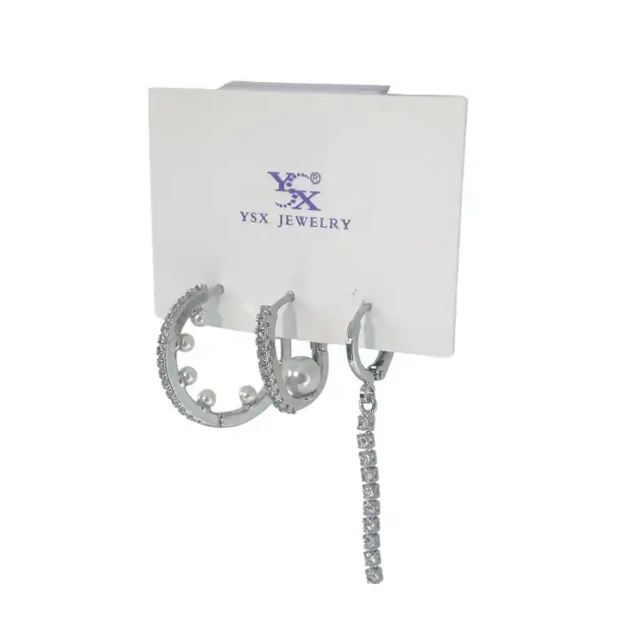 Gümüş Renk İnci Detaylı 3lü YSX Küpe Set