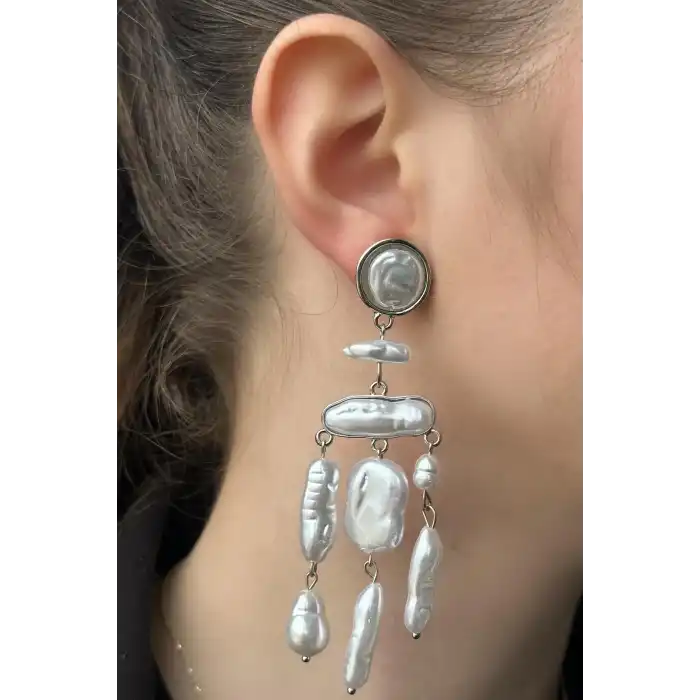 Gümüş Renk İnci Detaylı Abiye Küpe (Çift)