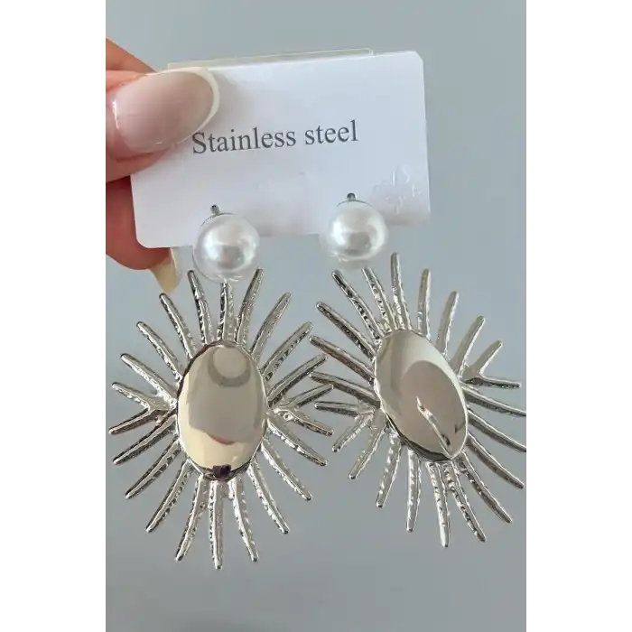 Gümüş Renk İnci Detaylı Çelik Küpe (Çift)