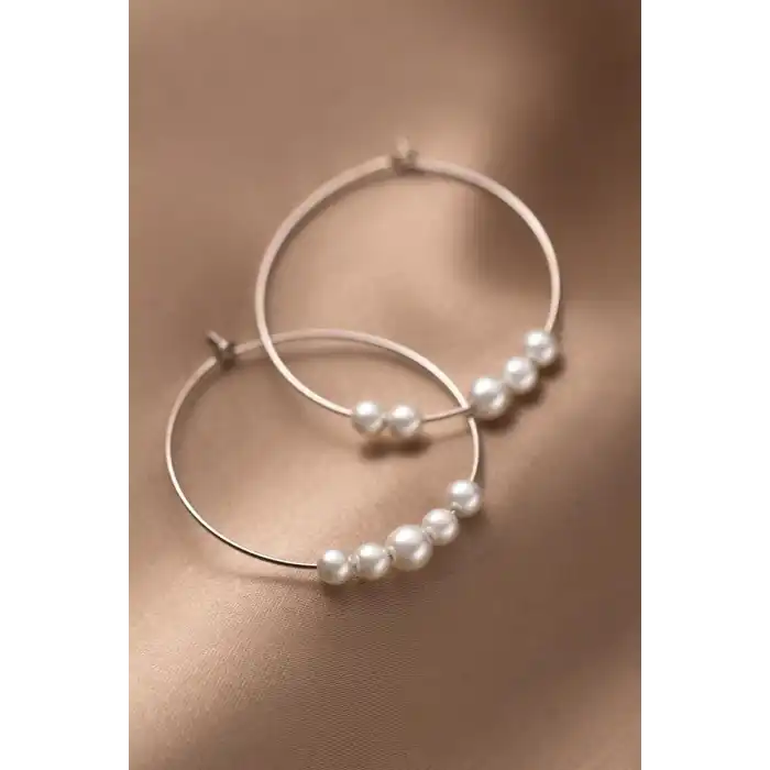 Gümüş Renk İnci Detaylı Halka Küpe (Çift)