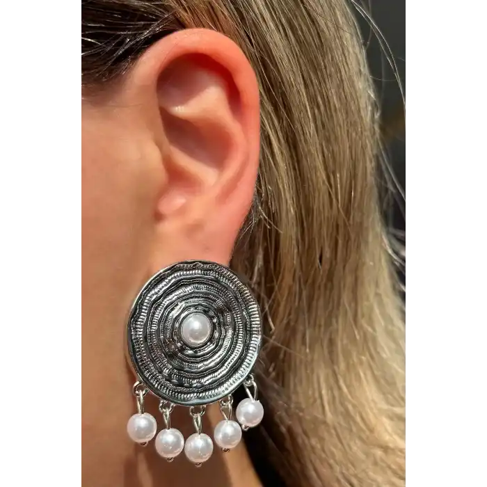 Gümüş Renk İnci Detaylı Küpe (Çift)