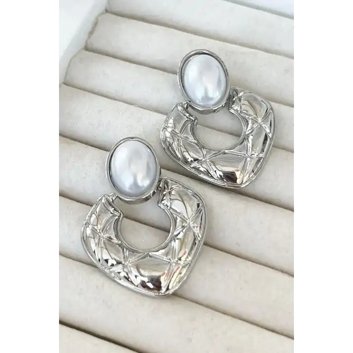 Gümüş Renk İnci Detaylı Küpe (Çift)