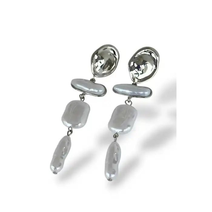 Gümüş Renk İnci Detaylı Sallantılı Abiye Küpe (Çift)