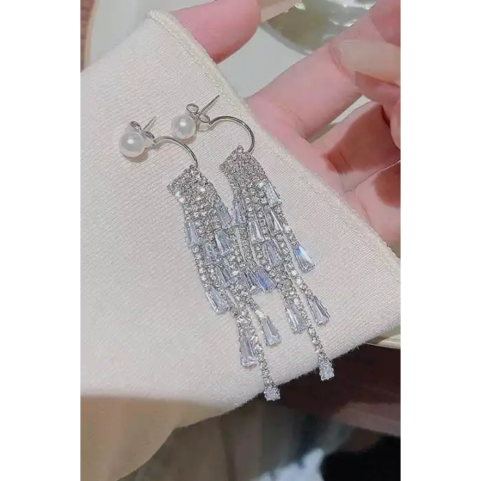 Gümüş Renk İnci Detaylı Taşlı Küpe (Çift)