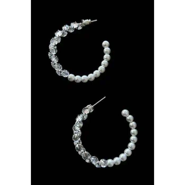 Gümüş Renk İnci Ve Taş Detaylı Halka Küpe (Çift)