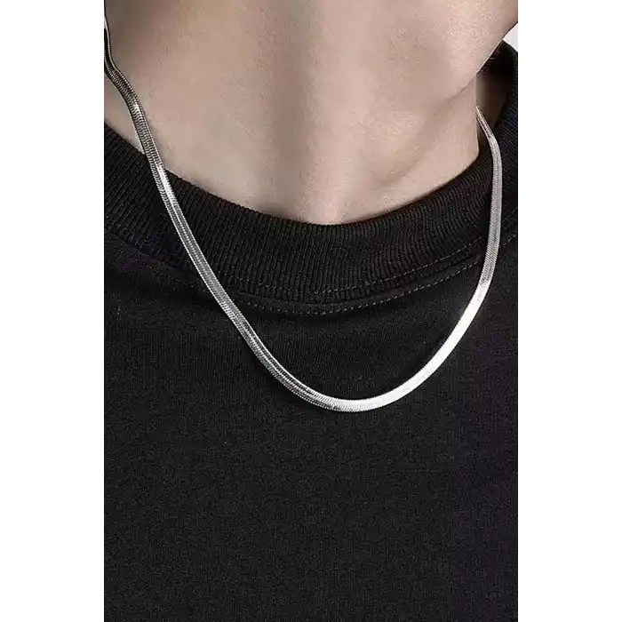 Gümüş Renk İtalyan Zincir Detaylı Unisex Çelik Kolye