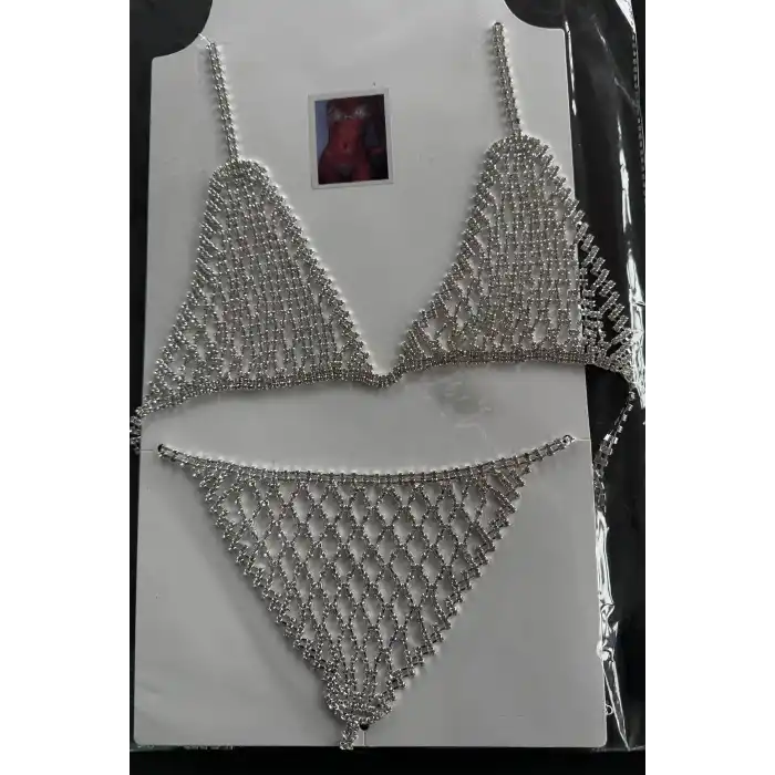 Gümüş Renk Kadın Taşlı Sütyen ve Tanga Takım Kostüm/ İç Giyim/ Vücut Aksesuarı Set