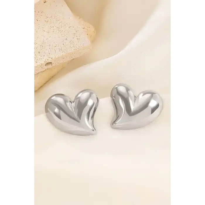 Gümüş Renk Kalp Figürlü Çelik Küpe (Çift)