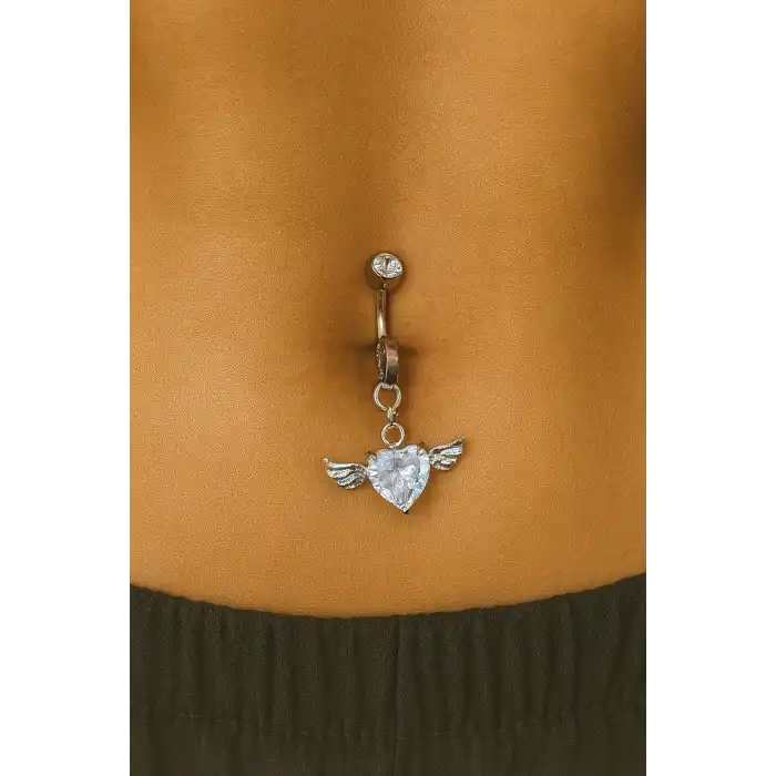 Gümüş Renk Kalp Figürlü Delik Gerektirmeyen Cerrahi Çelik Göbek Piercing