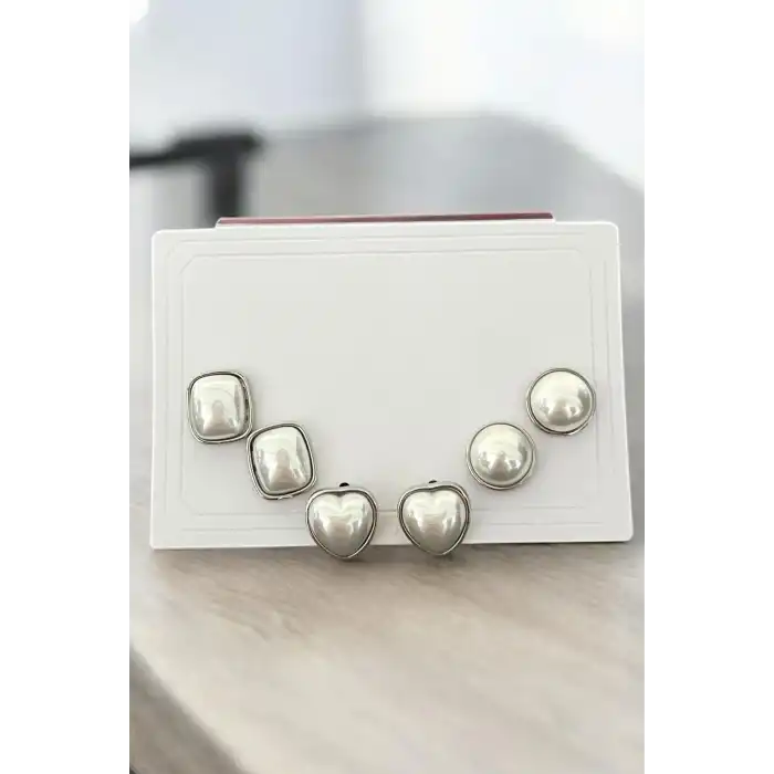 Gümüş Renk Kalp Figürlü İnci Detaylı 6lı Küpe Set