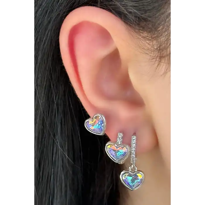 Gümüş Renk Kalp Figürlü Taş Detaylı 3lü YSX Küpe Set