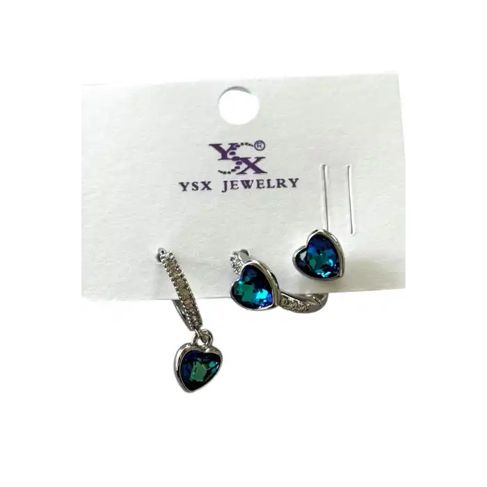 Gümüş Renk Kalp Figürlü Taş Detaylı 3lü YSX Küpe Set