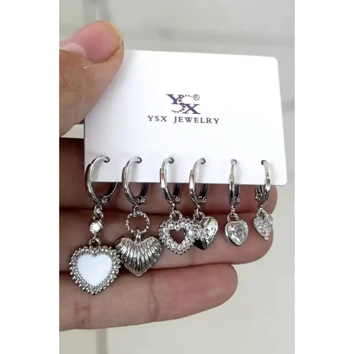 Gümüş Renk Kalp Figürlü Taş Detaylı 6lı Küpe Set