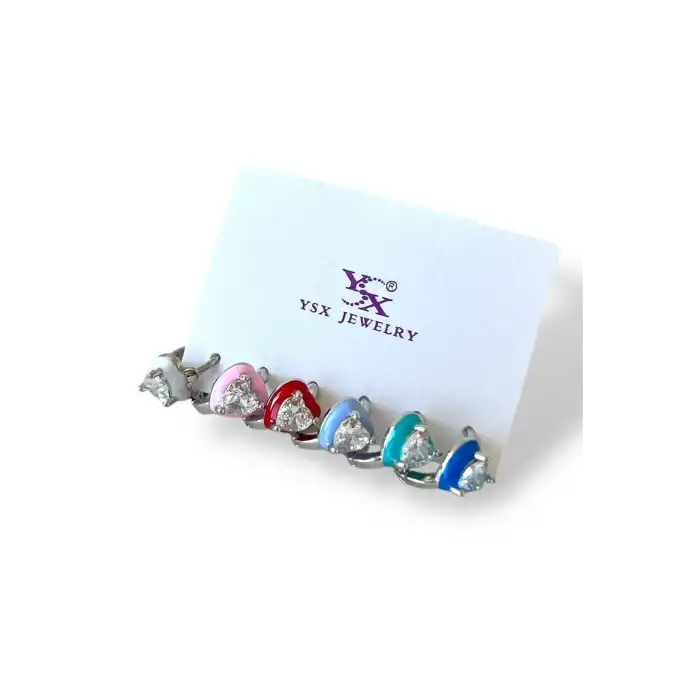 Gümüş Renk Kalp Figürlü Taş Detaylı 6lı YSX Küpe Set