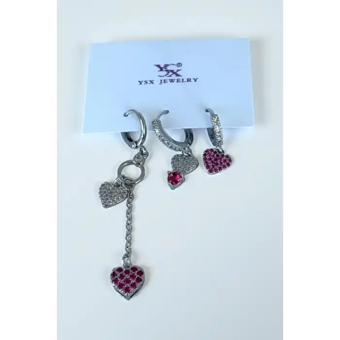 Gümüş Renk Kalp Figürlü Taş Detaylı 6lı YSX Küpe Set
