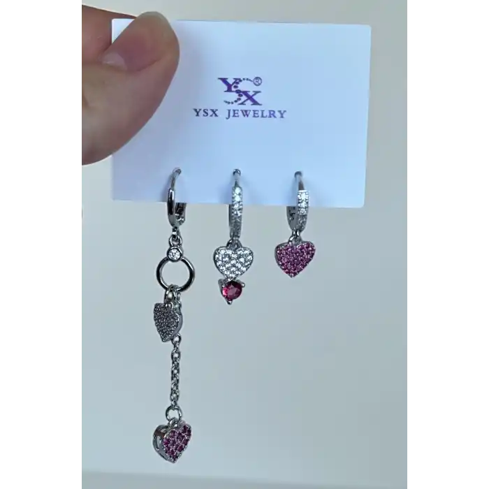 Gümüş Renk Kalp Figürlü Taş Detaylı 6lı YSX Küpe Set