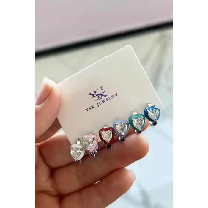 Gümüş Renk Kalp Figürlü Taş Detaylı 6lı YSX Küpe Set