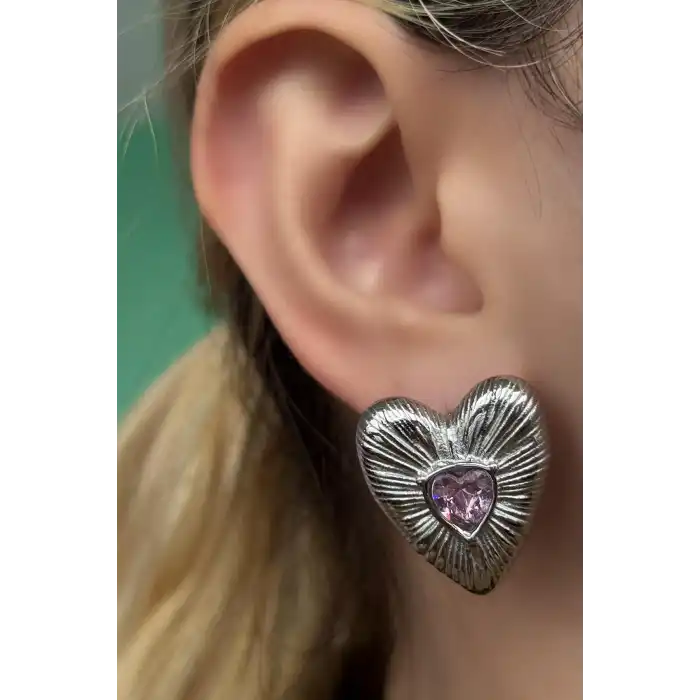 Gümüş Renk Kalp Figürlü Taş Detaylı Çelik Küpe (Çift)