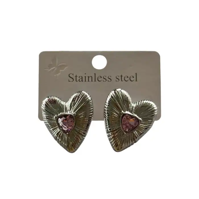 Gümüş Renk Kalp Figürlü Taş Detaylı Çelik Küpe (Çift)