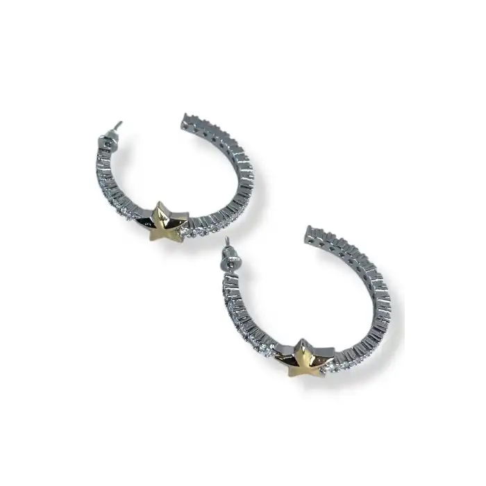 Gümüş Renk Kalp Figürlü Taş Detaylı Halka Küpe (Çift)