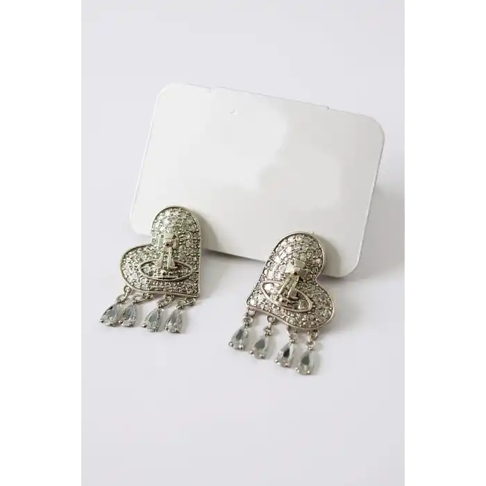 Gümüş Renk Kalp Figürlü Taş Detaylı Küpe (Çift)