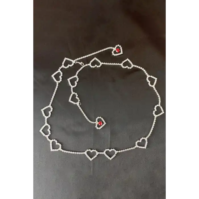 Gümüş Renk Kalp Figürlü Taş Detaylı Tasarım Bel Zinciri/Vücut Aksesuar