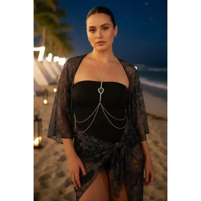 Gümüş Renk Kalp Figürlü Taş Detaylı Vücut Aksesuarı