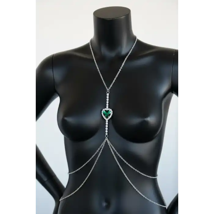 Gümüş Renk Kalp Figürlü Taş Detaylı Vücut Aksesuarı