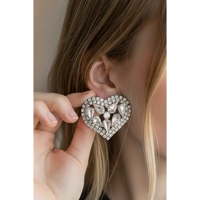 Gümüş Renk Kalp Figürlü Taşlı Abiye Küpe Kına/Gelin Küpe (Çift)