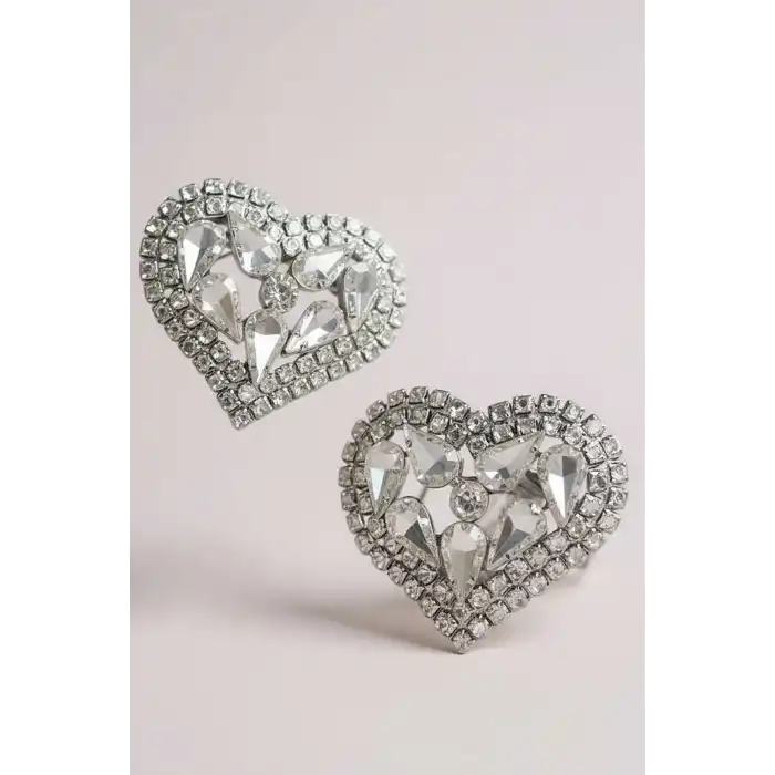 Gümüş Renk Kalp Figürlü Taşlı Abiye Küpe Kına/Gelin Küpe (Çift)