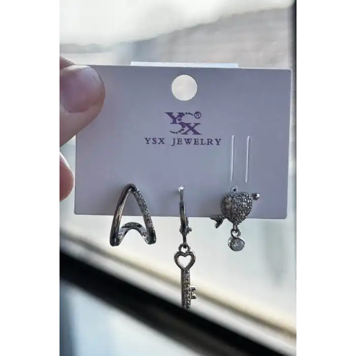 Gümüş Renk Kalp Ve Anahtar Figürlü Taş Detaylı VİP 3lü YSX Küpe Set