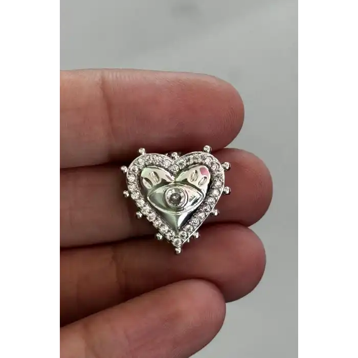 Gümüş Renk Kalp Ve Göz Figürlü Taş Detaylı Ajda Charm / Kolye/ Bileklik Ucu