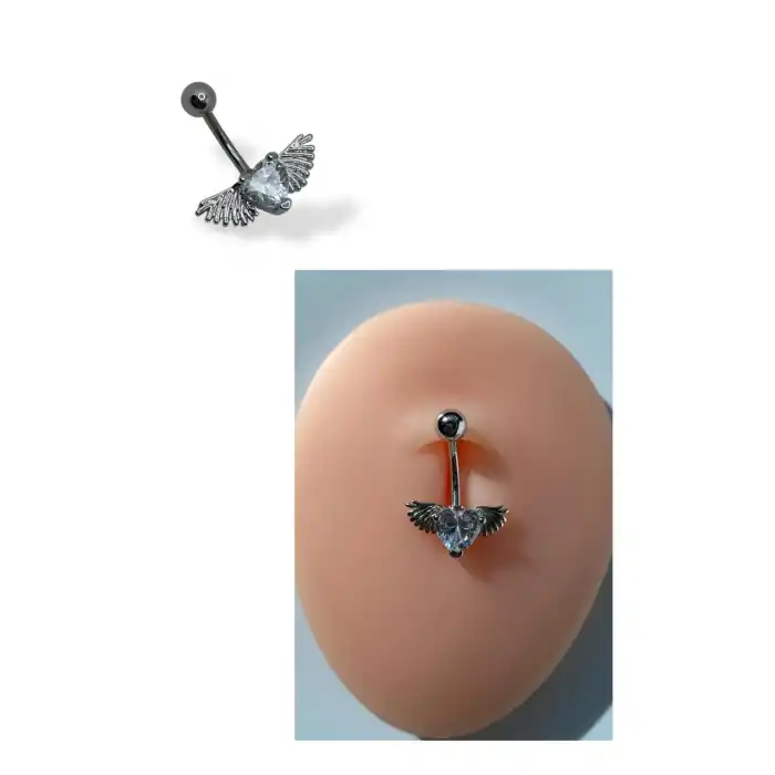 Gümüş Renk Kalp Ve Kanat Figürlü Taş Detaylı Cerrahi Çelik Göbek Piercing