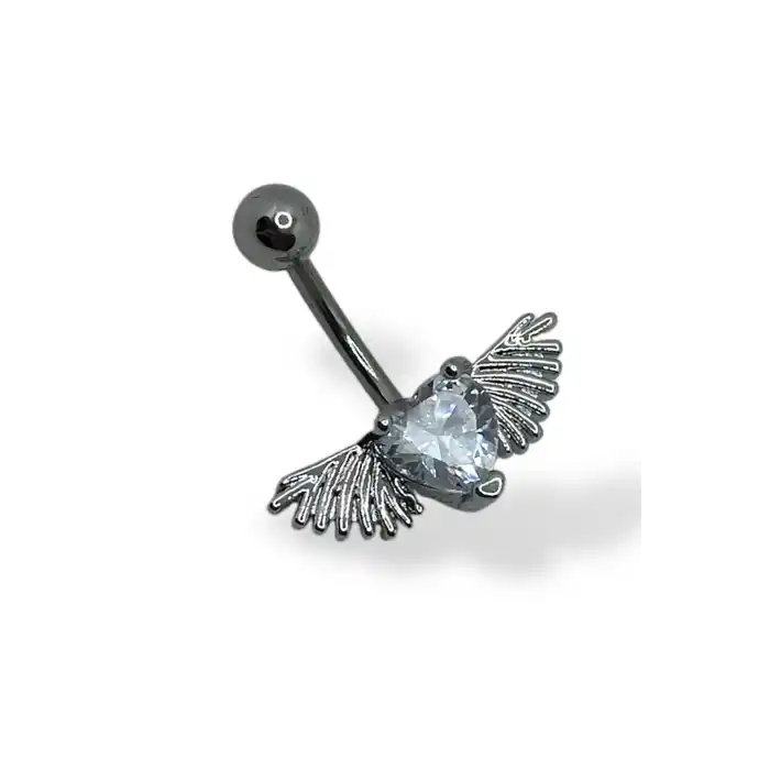 Gümüş Renk Kalp Ve Kanat Figürlü Taş Detaylı Cerrahi Çelik Göbek Piercing