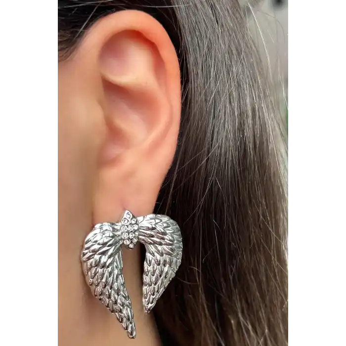 Gümüş Renk Kanat Figürlü Çelik Küpe (Çift)