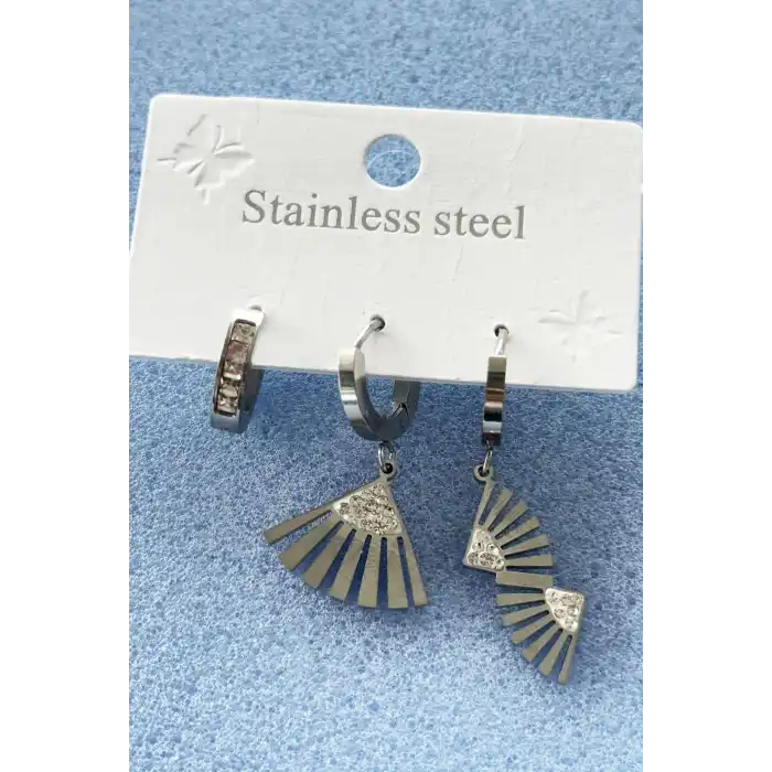 Gümüş Renk Karışık Figürlü 3lü Çelik Küpe Set