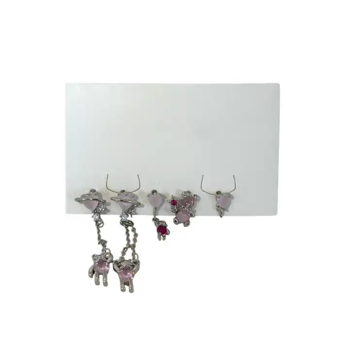 Gümüş Renk Karışık Figürlü Taş Detaylı 5li Küpe Set